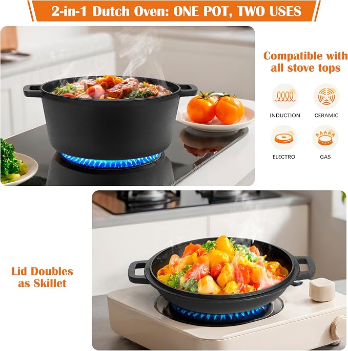 E-far 5QT Dutch Oven for Bread Baking, 2-IN-1 Cast Iron Pot with Skillet Lid & Sourdough Starter Kit, Bread Oven Pan with Baking Supplies for Frying, Braising, BBQ, Rust-Free & Heavy Duty