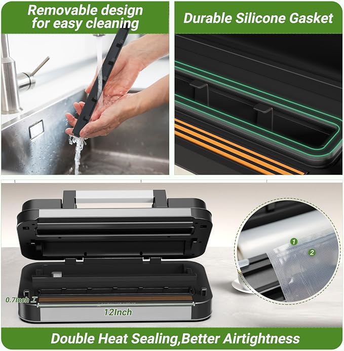 95kPa Vacuum Sealer Machine, Dual Pump, Vacuum & Inflate, Double Heat Seal | 10-in-1 Food Vacuum Sealer with Easy-Lock Handle, Built-In Cutter, Bag Storage, Hose & 2 Bag Rolls, Stainless Steel Design