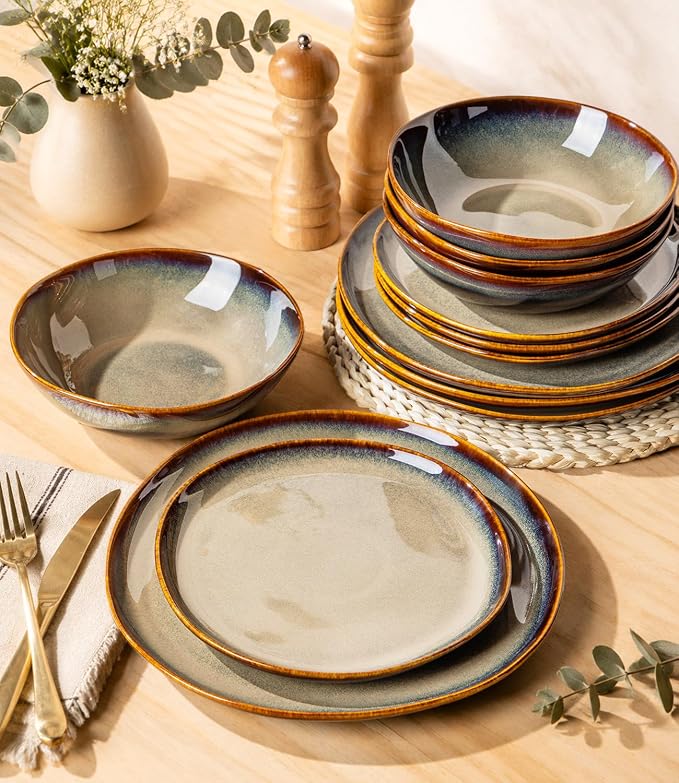 Ceramic Dinnerware Set for 4, 12-Piece Plates and Bowls Set | Handmade Reactive Glaze Dish Set, Scratch Resistant, Oven & Microwave & Dishwasher Safe, Mocha Brown