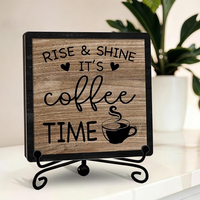 Funny Coffee Bar Decor, 5"x5" Coffee Bar Sign | Rise & Shine It's Coffee Time Wood Plaque with Stand | Farmhouse Gift for Home Kitchen Tabletop Desk - A03