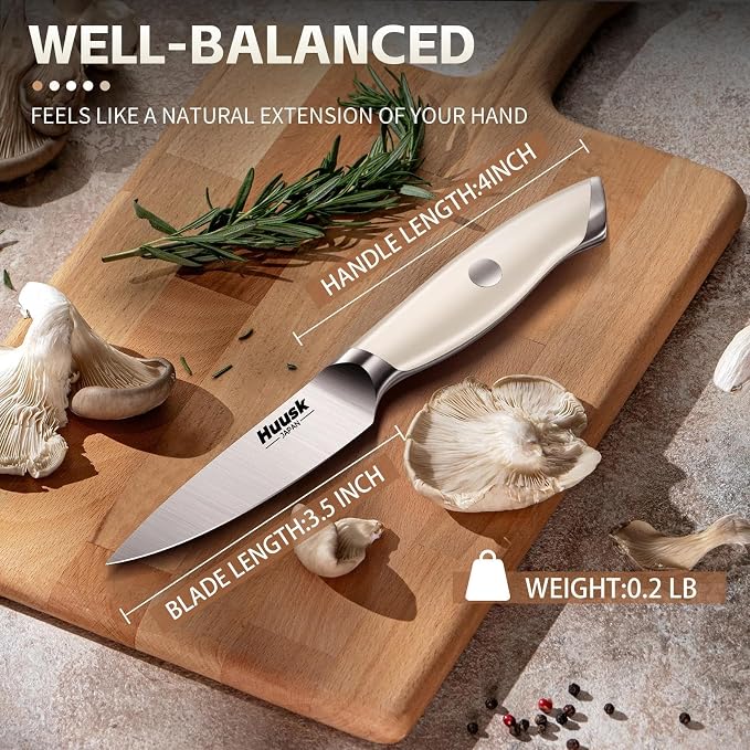Huusk Paring Knife Ultra Sharp - 3.5" Small Kitchen Knife, Ivory White Grip | Japanese Stainless Steel, Well-balanced, Ergonomic, for Vegetable Fruit Peeling Coring Cutting, Men & Women Gift
