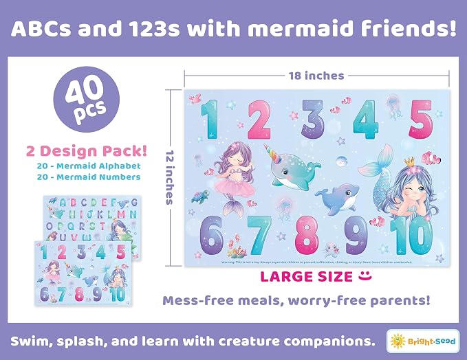 Bright Seed Disposable Placemats for Baby & Toddlers, Learning Mat- Mermaid | 40 Disposable Placemats, ABC, Numbers & Animal Learning, Perfect for Restaurants & Travel, Helps Keep Tables Clean