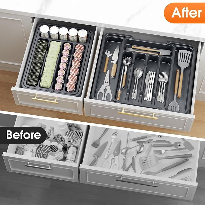 SpaceHacks Silverware Organizer，Adjustable & Expandable Drawer Organizer | Utensil Drawer Organizer, BPA Free Utensil Holder, Cutlery Tray for Forks, Spoons, Knives in Kitchen, Medium, Grey