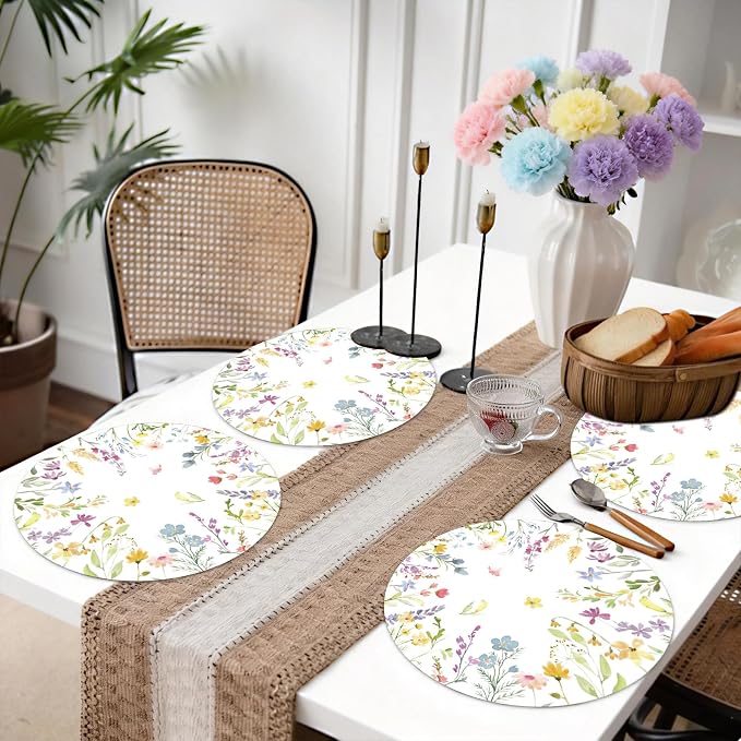 50PCS Floral Disposable Paper Placemats 13.5 Inch Summer Flowers Placemats Pastel Watercolor Round Table Mats for Wedding Anniversary Bride Party Supplies