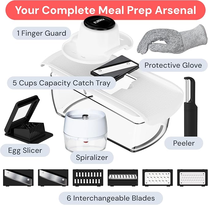 Fullstar Pro Mandoline Vegetable Slicer, Grater & Spiralizer with Container | 11 in 1 Fruit Cutter, Cheese Grater & Spiralizer with Safety Gloves, Stainless Steel Blades & Container (White)