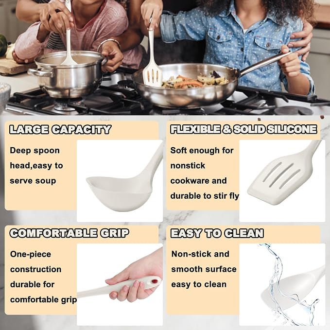 E-far 10 Pieces Silicone Cooking Utensils Set, Heat Resistant, White | Kitchen Utensil Set for Nonstick Cookware, Cooking Tools with Spatula, Spoon, Slotted Turner, Non-Toxic & Dishwasher Safe
