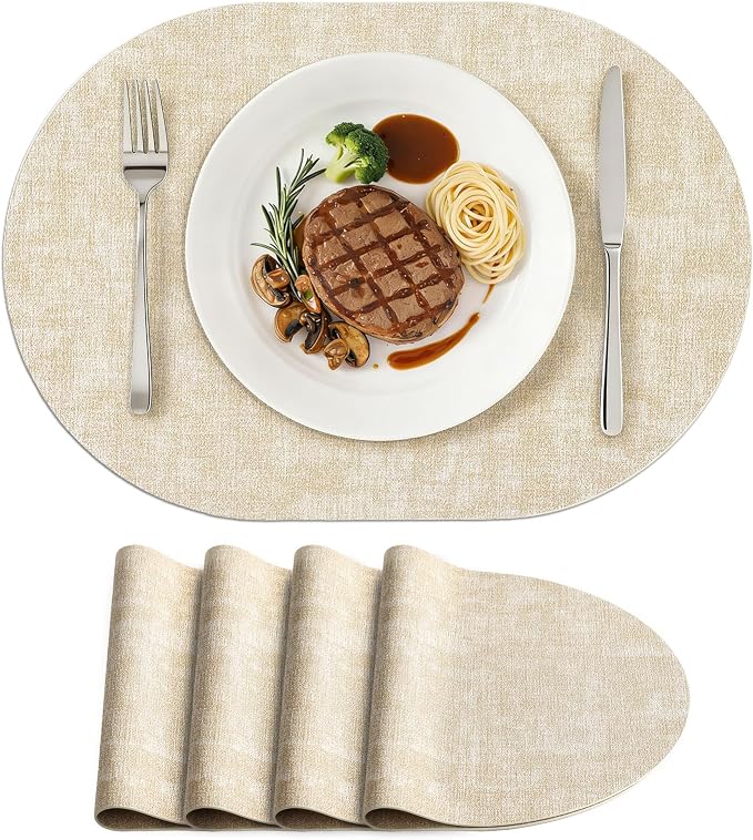 Placemats Set of 4, 11.8 x 17 Inch, Beige | Heat Resistant Oval Faux Leather Place Mats, Waterproof Wipeable Reversible PU Placemat, Indoor & Outdoor