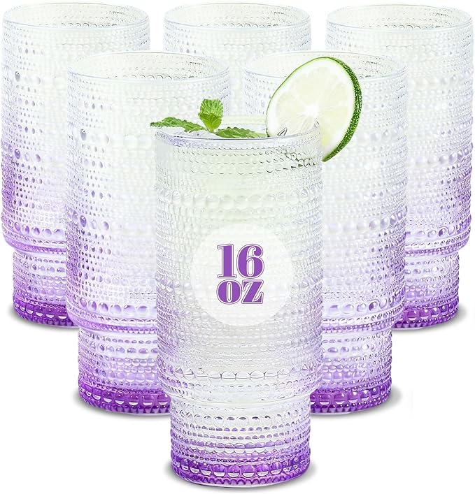 Large Capacity 16 oz Hobnail Drinking Glasses Set of 6, Vintage Glassware Drinking Glasses, Gradual Purple Water Glasses Tumbler, Cups for Kitchen, Juice, Beer, Cocktail, Whiskey