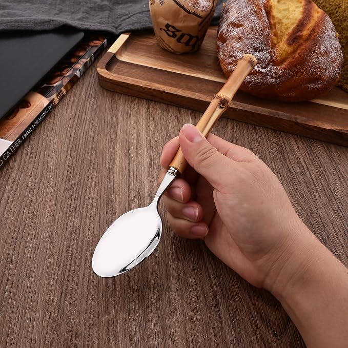 8-Piece Bamboo Handle Dinner Spoon Set, Stainless Steel Spoons for Kitchen Home and Restaurant, Mirror Polished, 8.03 inch