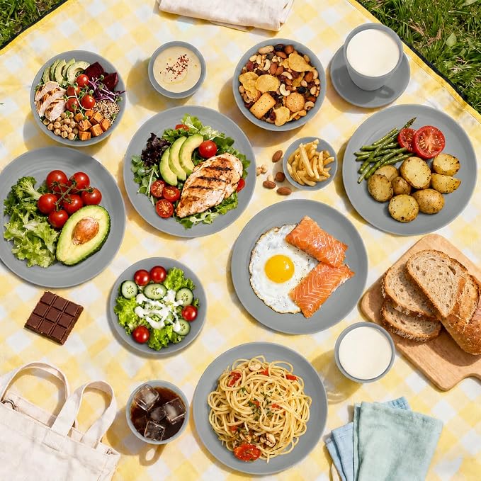 Kids Wheat Straw Dinnerware Sets for 4, 16 Piece Unbreakable Dinnerware Set, Kids Plates and Bowls Sets, Kitchen Plates and Bowls Set, Lightweight Dish Set for Party, Camping，RV - Grey