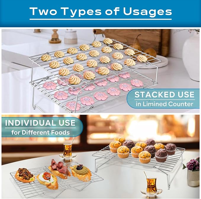 Leonyo 2-Tier 15x10IN Cookie Cooling Rack for Cooking Stackable Collapsible | Stainless Steel Cookie Cooling Racks For Cooking Baking, Wire Cookies Rack for Drying Pizza with Raised Legs, Dishwasher Safe