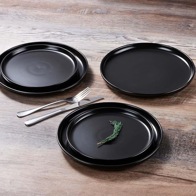 LIANYU 16 Piece Dinnerware Sets with Double Bowls for 4, Black Onyx | Modern Ceramic Plates and Bowls Set , Kitchen Round Dinning Ware Dishware Set, Microwave and Dishwasher Safe