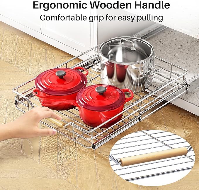 Pull out Cabinet Organizer, 18"W X 21"D, Heavy Duty Smooth Sliding Under Cabinet Shelves for Pots and Pans, Full-Extension Roll out Drawers, Slide out Organization for Home Kitchen Pantry