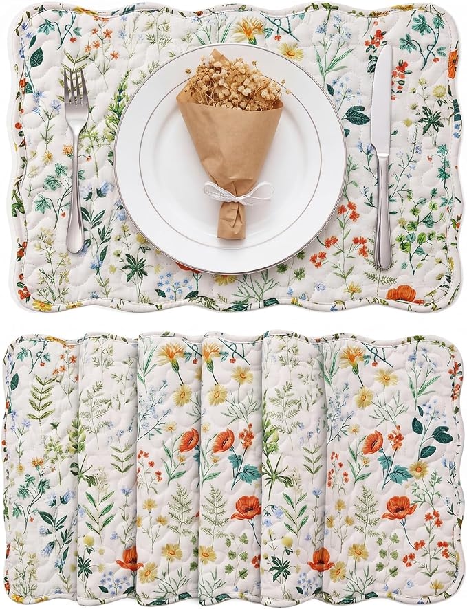 Quilted Placemats Set of 6, 18" x 13" Large Scalloped Cotton Placemat Washable Cloth Flowers Table Mats for Summer Party Kitchen Dining Farmhouse Cottagecore Decor(Wildflowers)