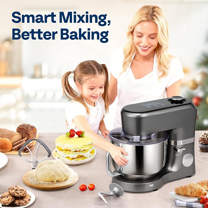 VIVOHOME Stand Mixer with Dough Proofing, 6-Quart Tilt-Head Mixer, Gray | One-Touch Programs, Adjustable Temperature & Time, Flex Edge Beater, Dough Hook, Whisk, Stainless Steel Bowl, Splash Guard