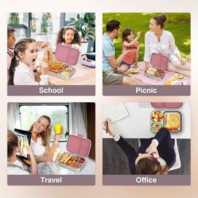 HOMEKOL Stainless Steel Bento Lunch Box 3 Compartments, 3.3 Cups, Pink | for Kids Adults, Leak-Proof Metal Container for Office School Picnic, BPA-Free, Dishwasher Safe, 800ml (Not Insulated)