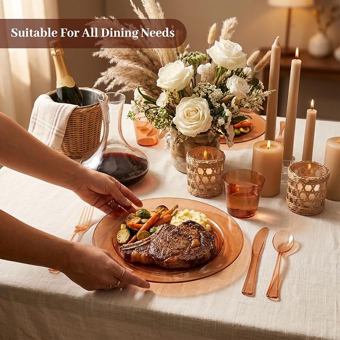 DaYammi 210PCS Clear Amber Plastic Dinnerware Set for 30 Guests, Fancy Disposable Plates for Party, Include: 30 Dinner Plates, 30 Dessert Plates, 30 Pre Rolled Napkins with Silverware, 30 Cups