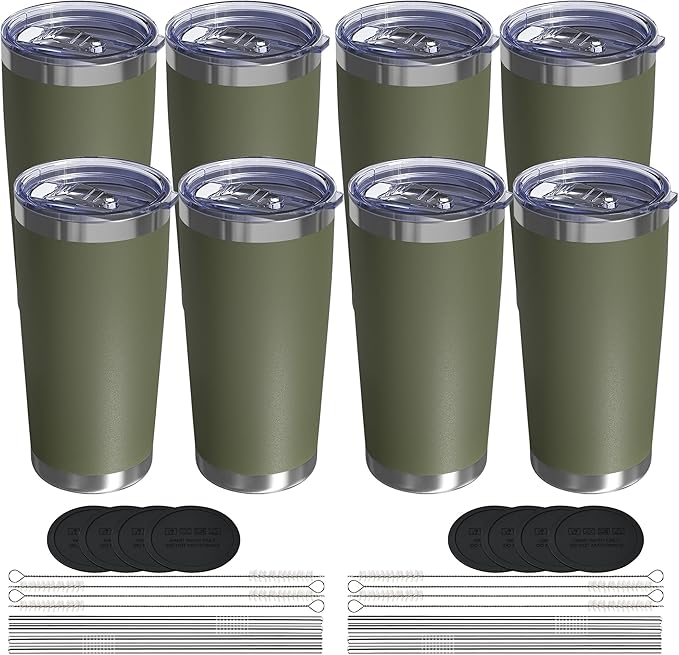 20oz Travel Coffee Tumbler 8 Pack, Lids and Straws, Stainless Steel | Double Wall Vacuum Insulated Tumbler, Coffee Mug for Hot & Cold Drinks, Fits Most Car Cup Holders, Army Green