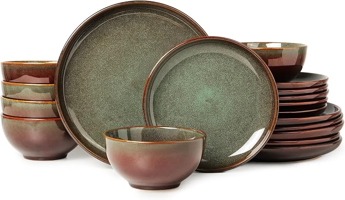 Stoneware Dinnerware Sets for 6, 18 Pieces Ceramic Plates and Bowls Sets, Chip and Scratch Resistant Dish Set, Dishwasher & Microwave Safe Plate Set, Brown Green