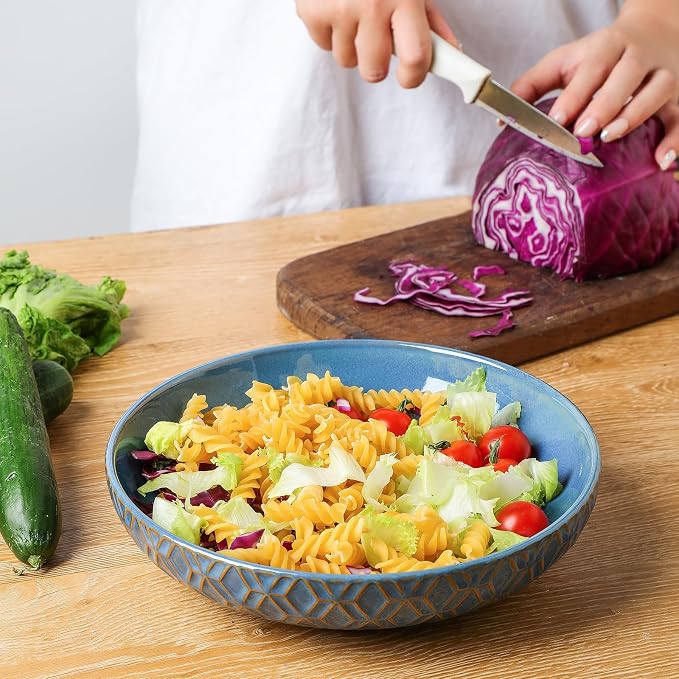 Sureasy Pasta Bowls Set of 4, 30oz Large Embossed Serving Bowl Plates, 8.5 Inch Wide and Shallow Plate Bowls, Microwave, Oven & Dishwasher Safe, Blue