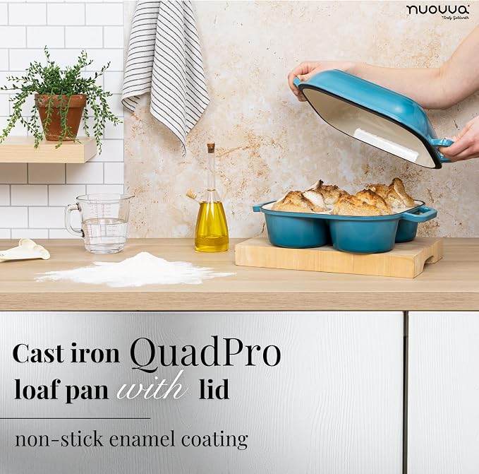 QuadPro Enamelled Cast Iron Bread Loaf Pot – Dutch Oven for Sourdough Bread Baking – 500°F Oven Safe Non Stick Bread Pot – 4 Round Loaf Spaces (4.90-inch Diameter), Light Blue – by Nuovva
