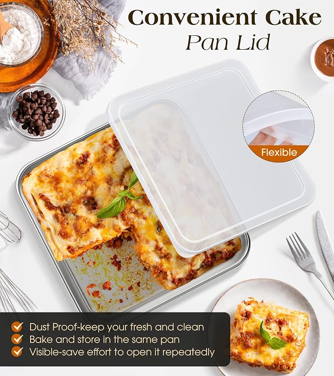 304 Stainless Steel Baking Pan with Lid, 12⅓ x 9¾ x 2 Inch Rectangle Sheet Cake Pans with Covers, Commercial Grade Bakeware for Cakes Brownies Casseroles, Non-toxic & Heavy Duty & Dishwasher Safe