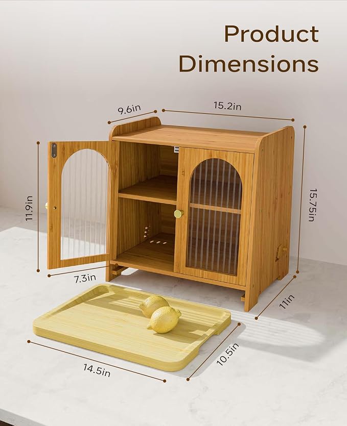 Bread Box for Kitchen Countertop, Large Double Layer Wooden Bread Storage Container with Acrylic Window, Adjustable Air Vents & Built-In Cutting Board, Pantry Organizer