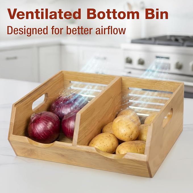HOMESTEAD Stackable Solid Wood Storage Bins for Pantry & Countertop, Ventilated Potato and Onion Organizer with Handles, Wooden Produce Storage Containers (Natural)