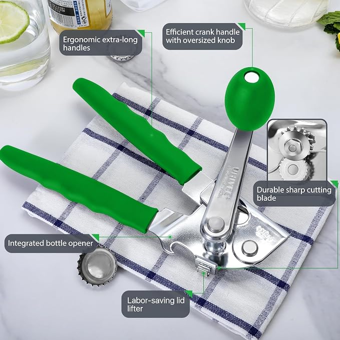 UHIYEE Commercial Can Opener Heavy Duty, Hand Crank for Large Cans, Green | Manual Can Opener, High-Carbon Blade, Extra-Long Handle, Oversize Knob, Built-in Magnet & Bottle Opener, For #10 Cans
