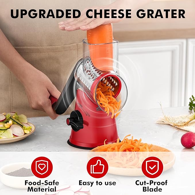 GDL Cheese Grater Hand Crank, Rotary Cheese shredder, Vegetable Slicer | 6 Stainless Steel Blades, 12x Fast Cutting, Non-slip Suction Base, No BPA, Dishwasher Safe, Easy Use for Cheese, Veggies, Nut