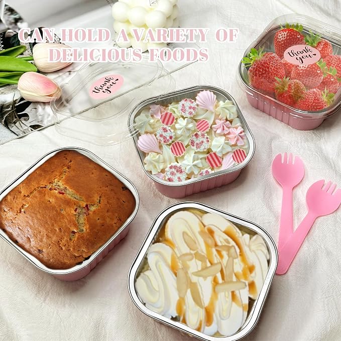 50 Pack 10oz Mini Cake Pans With Lids, Aluminum Foil Square Brownie Baking Cups,Disposable Large Cupcake Pan,Jumbo Muffin Tin Ramekins Holders Individual Dessert Containers for Sales,Party,Picnics
