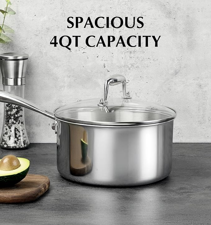 KOCH SYSTEME CS 4 Quart Stainless Steel Saucepan with Lid, Tri-Ply Stainless Steel Pot 4QT, Large Cooking Pot, Sauce Pan with Stay Cool Handle, Induction Compatible Pot, Oven Safe 600°F
