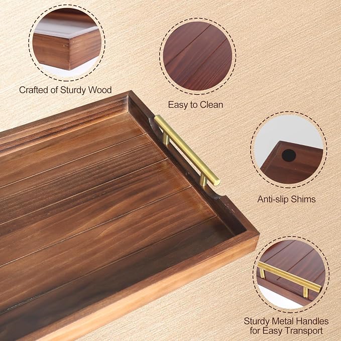 SXNOWS Large Wooden Serving Tray with 2 Sets of Handles,Dark Brown | Rectangle 16.5x13 Inch Ottoman Decorative Tray for Coffee Table Kitchen Bar Living Room Breakfast in Bed, 4 Coasters Included