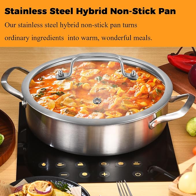 Inqibee 6 QT Saute Pan with Lid & 8.5-10‘’ Frying Pans Set, Ceramic Coating | Tri-Ply Stainless Steel Hybrid Nonstick Cookware Set, PFOA Free, Induction Ready, Dishwasher & Oven Safe