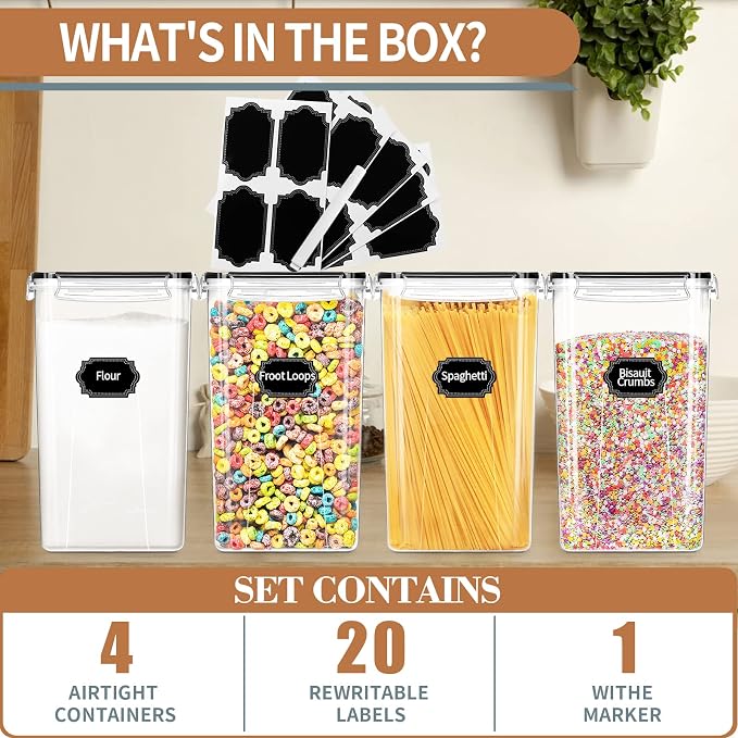 4pcs Large Tall Airtight Food Storage Containers with Lids - 6.5L / 5.9qt | BPA Free Pantry Organizers and Storage Containers for Bulk Flour and Sugar Storage, Food Grade Material, 20 Labels & Marker