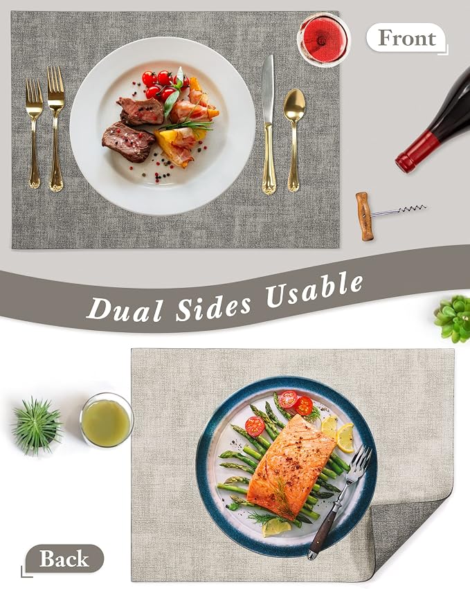 Leather Placemats Table Mats Set of 6, Light Grey & Smoky Grey | Reversible Non-Slip Table Placemats, Heat-Resistant and Waterproof for Dining Kitchen and Holiday Parties