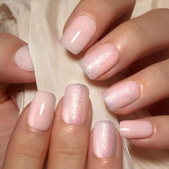 CurvLife Short Square Press On Nails, Flash White Nude,Soft Gel | 32PCS, 16 Sizes, Salon-Quality Natural Fake Nails, Curved Fit, 7-14 Day Glue-On Wear, Reusable Stick-On Nails, Press-On Kit