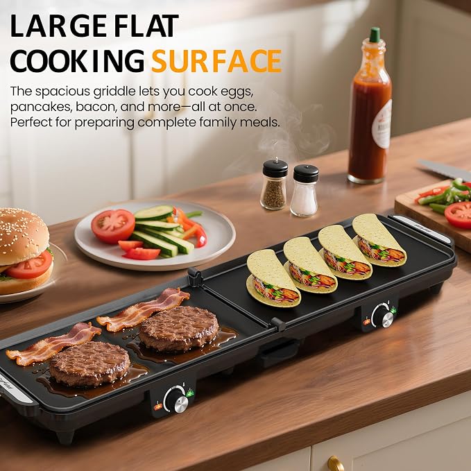 Sunvivi 38'' Extra Large Electric Griddle - Foldable Grill Nonstick Plate | with 2 Adjustable Temp Knobs & Drip Tray,Easy to Clean,1600W for Indoor/Outdoor Teppanyaki BBQ