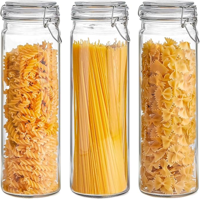 ComSaf Tall Glass Pasta Containers with Airtight Lids 68 oz 3 Pack Canister | Spaghetti linguine, Long pasta storage, Breadsticks, Vertical pantry organization, Cabinet organization, Dry food storage