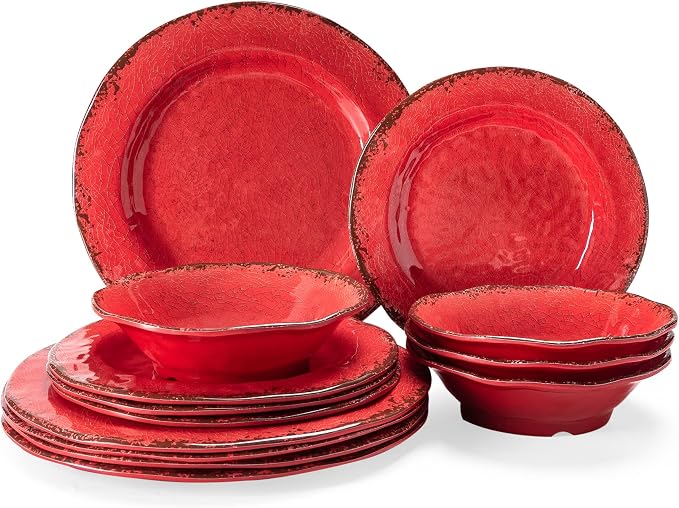 LEHAHA Farmhouse Plates and bowls set, 12 Piece Christmas Melamine Dinnerware Sets for 4,Lightweight and Unbreakable Dishes Set,Perfect for Indoor and Outdoor and Picnic use. Red
