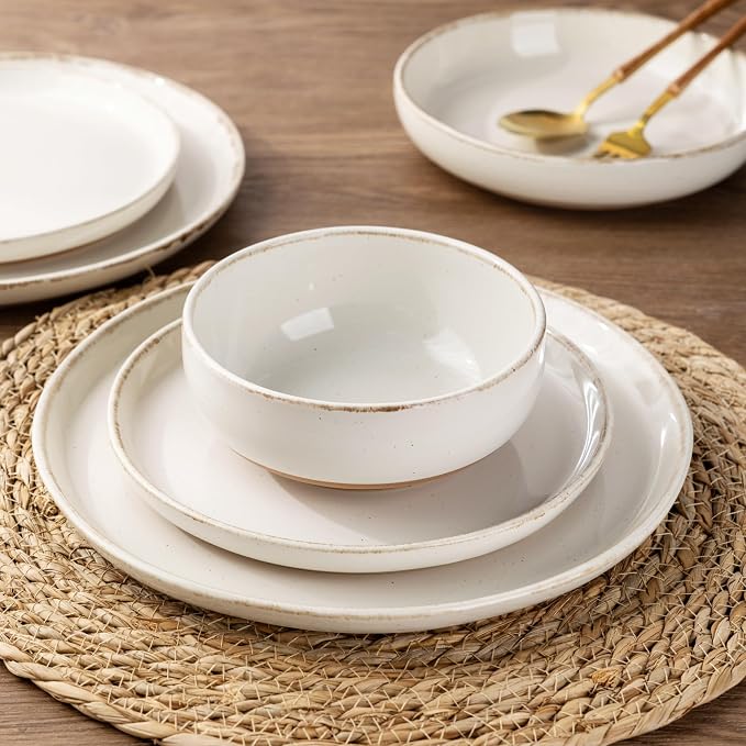 AmorArc Dinnerware Sets for 8, 24 Pieces Ceramic Plates and Bowls Set | Scratch Resistant Stoneware Dishes Set, Dishwasher & Microwave Safe, Light Beige
