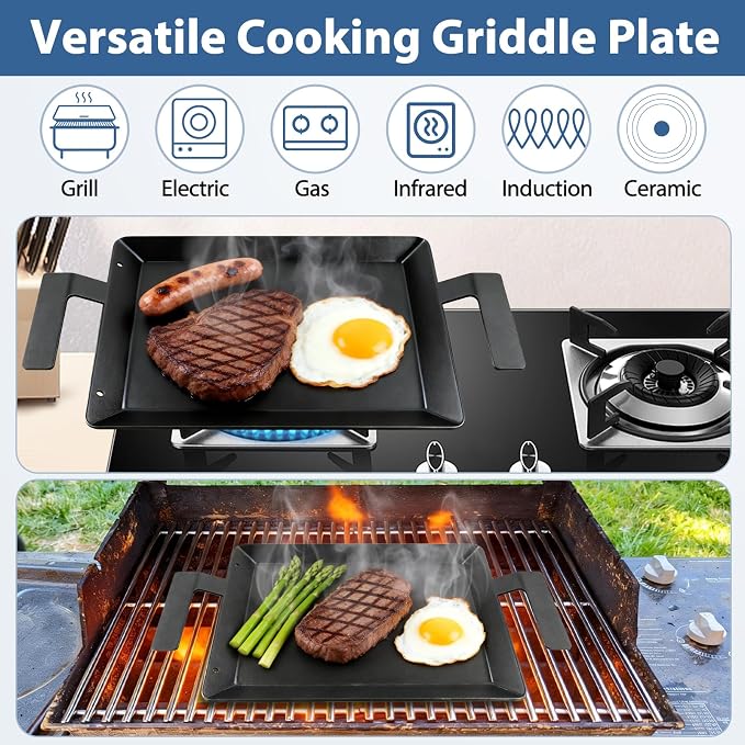 Carbon Steel Griddle for Gas Stovetop Grill Universal Professional Double Burner Cooking Plate for Induction Stove Top Electric Oven Flat Top Griddle Pan Replacement for Made In Cookware, 17" x 10.5"
