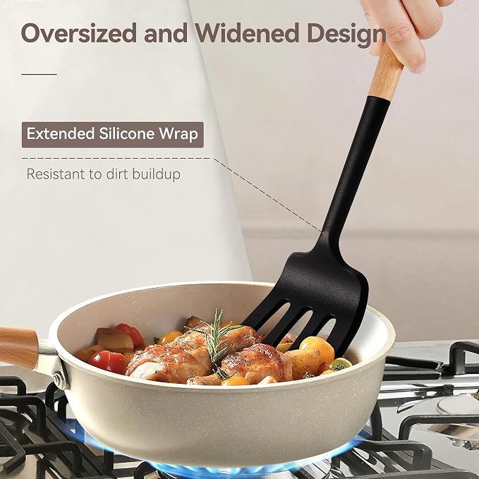 NCUE 6-Pcs Silicone Kitchen Utensils Set Wood Handle BPA-Free Food Grade (Black, 6 Piece)