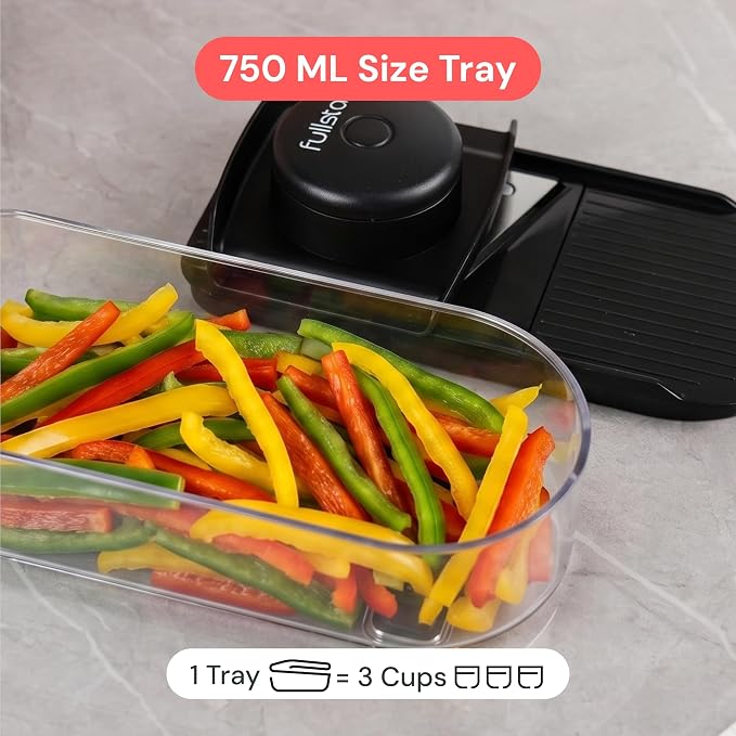 Fullstar Essential Mandoline Vegetable Slicer & Julienne Cutter | 2 in 1 Compact Fruit Cutter, Cucumber Slicer & Cheese Grater, with Stainless Steel Blades, Guard & 3-Cup Container (Black)