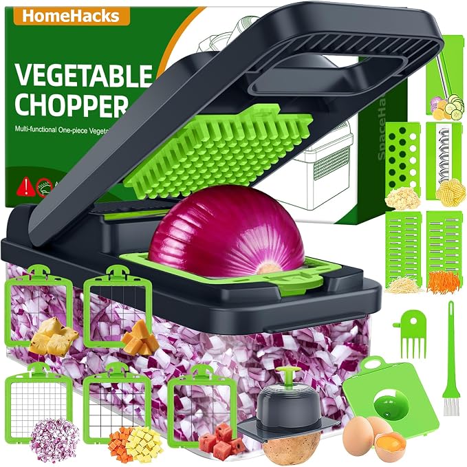 HomeHacks Veggie Chopper Vegetable Cutter, 15 in 1 Kitchen Gadget, Green | Dicer, Slicer, Cutter, Slap Chop, Cheese Grater & Egg Separator - Multi-Functional Salad Fruit Onion Chopper with Container
