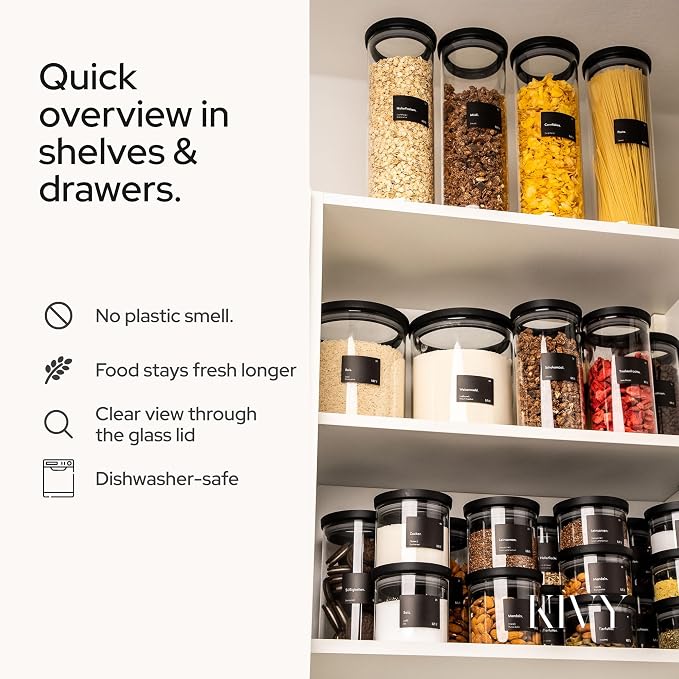 KIVY Large Glass Jar with transparent Glass Lid [100oz] Sealed glass canisters with airtight lid - Black canister - Laundry pod jar - Rice Storage jar - Flour and sugar containers - Flour Canister