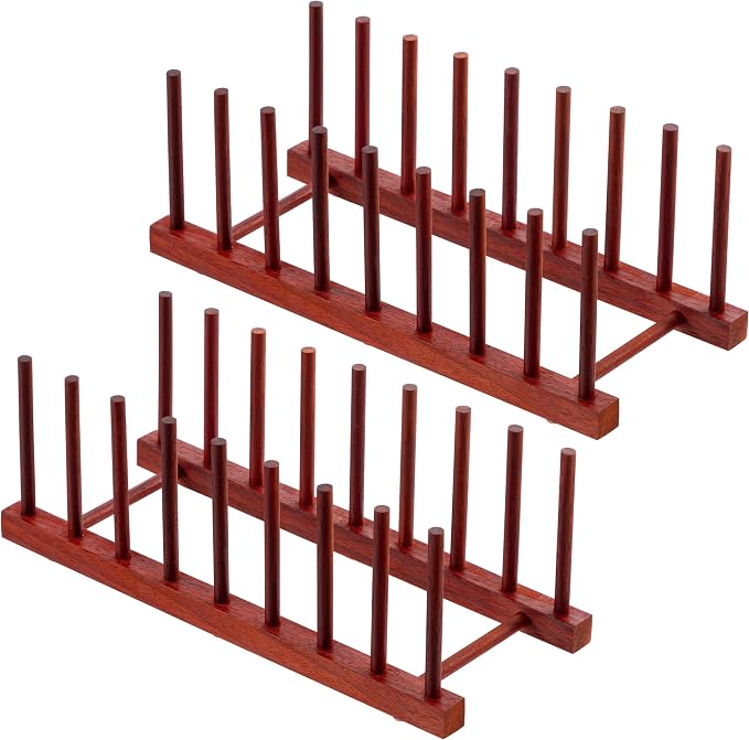 HBlife 2 Packs Rosewood Wooden Dish Drying Rack Plate Organizer for Cabinet | 8 Slots, Home and Kitchen Organizer, For Cups, Bowls, Pots, Lids, Cutting Boards & Plates, Space-Saving for Cabinets Counters