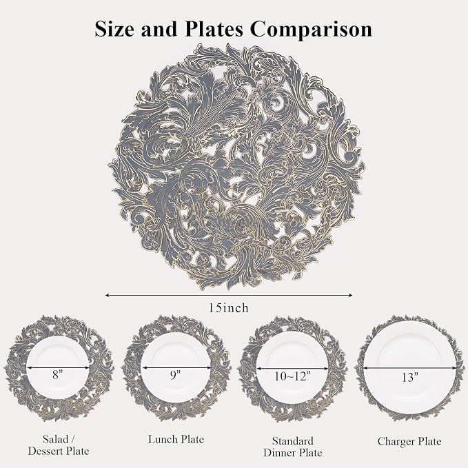 Evevda 15 inch Gold and Blue Placemats Set of 6 Round Reusable Place Mat | Vinyl Plastic Kitchen Table Mats for Home Wedding Party Dining Table Decoration