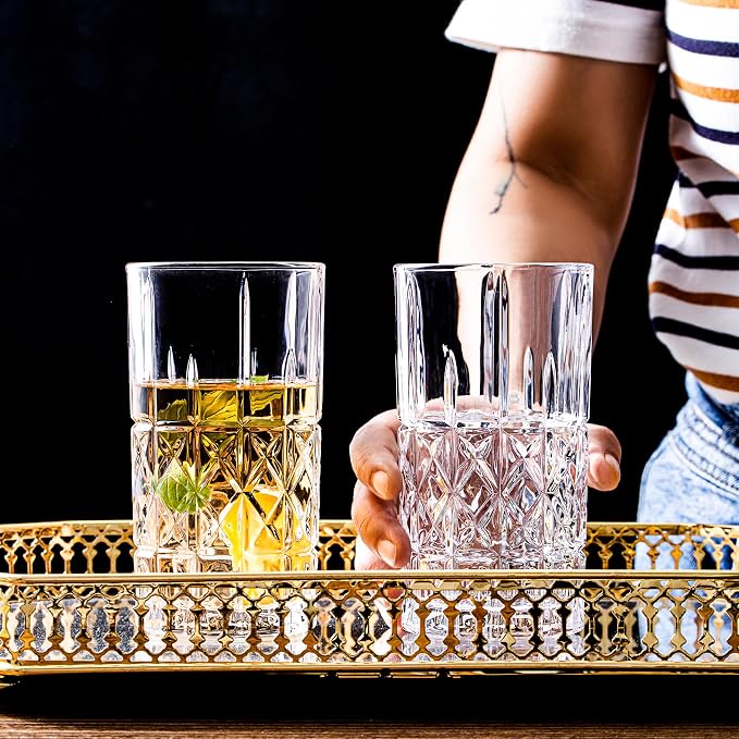 Tall Highball Glasses Set of 6, 14 Ounce Cups, Textured Designer Glassware for Drinking Water, Beer, or Soda, Trendy and Elegant Dishware, Dishwasher Safe