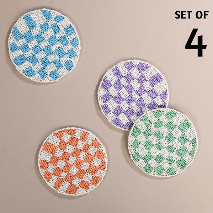 Folkulture Coaster for Drinks | (4") Pack of 4 Multicolor Boho Coasters | Cute Round Boho Coaster | Beaded Drink Coasters for Coffee Table Decor | Round, Beaded, Hand Wash Only